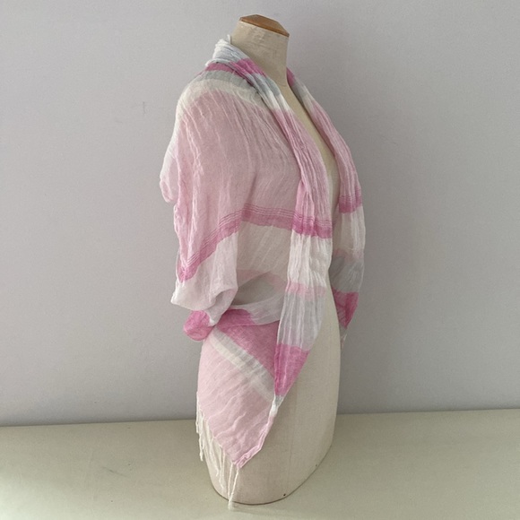 SUBTLE-LUXURY pink striped cover up w/ fringe. Linen cotton blend OS - Picture 2 of 7